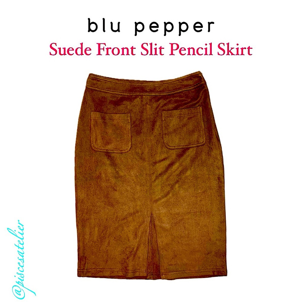 Blu Pepper Brown Vegan Suede Midi-Length Pencil Skirt, Women’s Size Small.